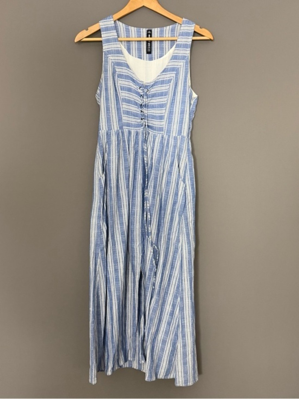 Design Lab Blue White Stripe Midi Dress Cotton Sleeveless Lace-Up Small Coastal